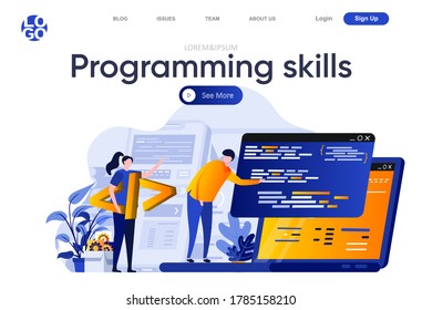 Programmierkompetenz flache Landungsseite. Entwicklerteam erstellt, testet und programmiert Computeranwendung, Vektorgrafik. Webpage-Komposition der Softwareentwicklung mit Personen-Zeichen.