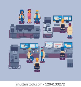 Programming Skills. Group of programmers engineer work together. Skilled young coders in white coats in office, big desk with multiple displays and computer. Isolated pixel art vector illustration.