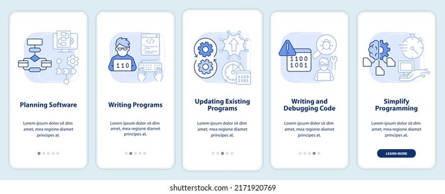 Programming skills light blue onboarding mobile app screen. Walkthrough 5 steps graphic instructions pages with linear concepts. UI, UX, GUI template. Myriad Pro-Bold, Regular fonts used
