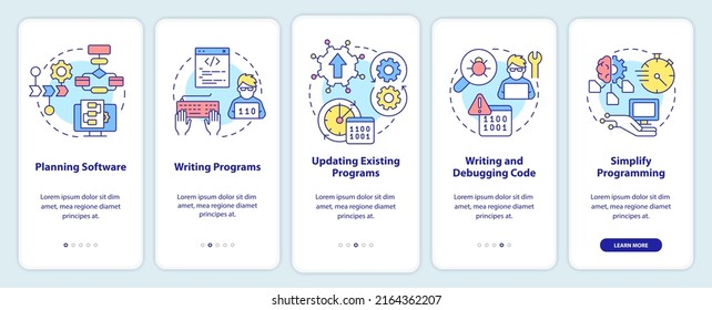 Capacidades de programación a bordo de la pantalla de aplicaciones móviles. Recorrido de desarrollo de programas 5 pasos de páginas de instrucciones gráficas con conceptos lineales. UI, UX, plantilla GUI. Multitud de tipos de letra Pro-Bold, con uso regular
