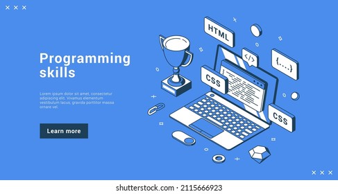 Programming skills software development professional achievement with cup award and laptop internet banner landing page isometric vector illustration. Website coding business programmer cyberspace