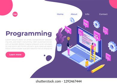 Programming Software or app development isometric concept, big data processing. Vector  illustration