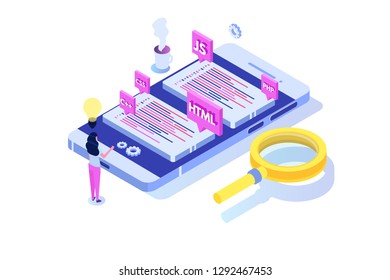 Programming Software or app development isometric concept, big data processing. Vector  illustration