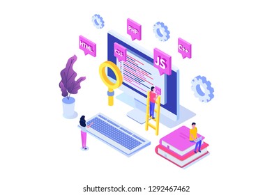 Programming Software or app development isometric concept, big data processing. Vector  illustration