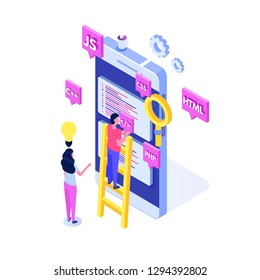 Programming Software or app development isometric concept, big data processing. Vector  illustration