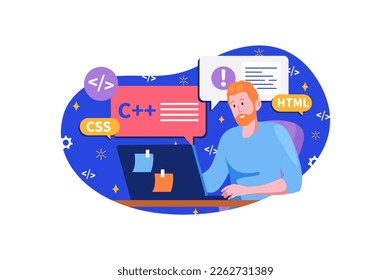 Programming software blue concept with people scene in the flat cartoon design. Programmer work on writing code for web sites. Vector illustration.
