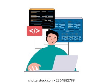 Programming software concept with character situation. Man working with program code at laptop, testing scripts and engineering process. Vector illustration with people scene in flat design for web