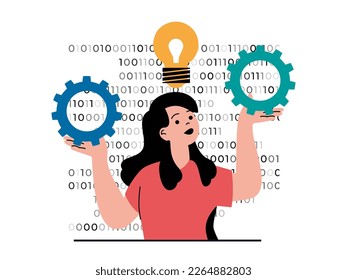 Programming software concept with character situation. Woman working with program code, fixing bugs and brainstorming creative solutions. Vector illustration with people scene in flat design for web