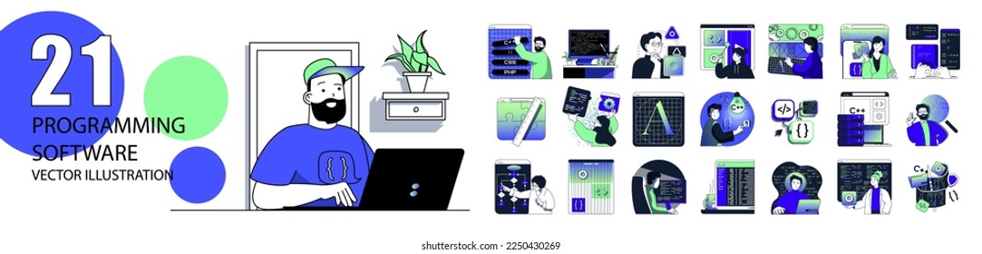 Programming software concept with character situations collection. Bundle of scenes people coding and testing, creating programs and apps, working IT industry. Vector illustrations in flat web design - Shutterstock ID 2250430269