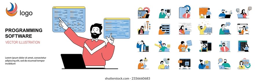 Programming software concept with character situations mega set. Bundle of scenes people working with program code, engineering applications, making scripts. Vector illustrations in flat web design