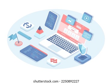 Programming software concept. Full stack software development, engineering, programming and testing web template. Vector illustration in 3d design. Isometric web banner.	
