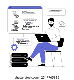 Programação do conceito de software. Muitos escrevem, testam e otimizam o código, trabalham com diferentes linguagens de programas. Ilustração vetorial com pessoas de linha para web design.	
