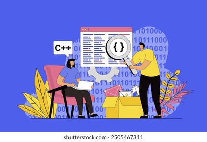 Programming software concept with modern flat design for web. Developers working with code on screens, creating new program products and software, searching and optimizating apps. Vector illustration.