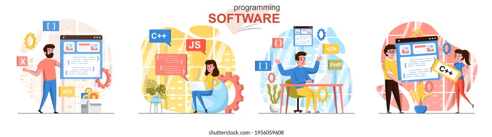 Programming software concept scenes set. Developers code in different programming languages, create app interface. Collection of people activities. Vector illustration of characters in flat design