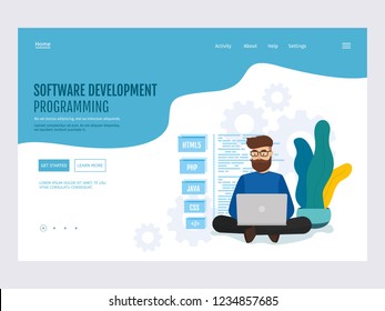 Programming and software concept. Vector illustration the young programmer engineer coding new project. Landing page template. Flat vector modern illustration.