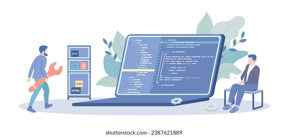 Programming Software. Developer team working with programming code on laptop. Backend development concept. Vector illustration with character situation for web.	
