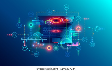 Programming or Software development abstract concept. Top view at screen laptop with business icons, programming language or fragments coding. Technology banner of Software developer company 