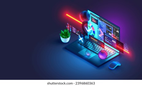 Programming, software development computer technology isometric concept. Coding of program, software development on screen laptop. Programming internet website, web design, code app interface.