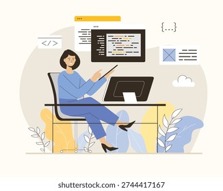 Programming and software development concept. Computer engineer writes code. Flat vector illustration.	
