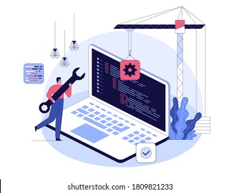 Programming and software development concept. Developer holding wrench, huge laptop with program code on screen. Metaphor of construction application or program by crane. Vector character illustration