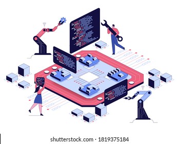 Programming and software development concept. Developer holding wrench, programmer holding piece of program code, huge chip computer part, robots with gear tools. Vector character illustration