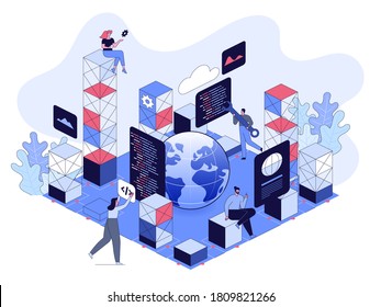 Programming and software development concept. Global internet technology, developer holding wrench, programmer holding piece of program code. Vector character illustration of design technology