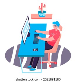 Programming and software development concept. Man comes up with and writes program code at computer, programmer at office character scene. Vector illustration in flat design with people activities