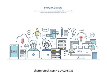 Programming. Software development in high-level languages and coding. Development, coding and programming, testing of mobile applications, web sites, prototypes. Illustration thin line vector doodles.