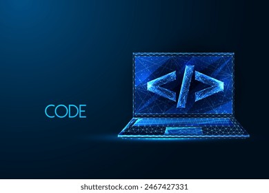 Programming, software development, machine learning futuristic concept with laptop and coding symbol in glowing low polygonal style on dark blue background. Modern abstract design vector illustration.