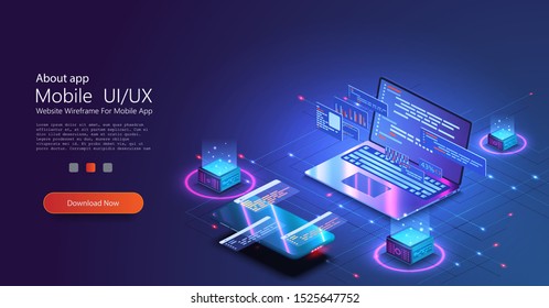 Programming and software development web page banner, program code on screen device. Software development coding process concept. Programming, testing cross platform code, app on laptop,  phone UI/UX