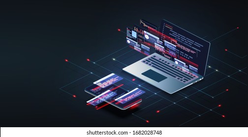 Programming and software development web page banner, program code on screen device. Software development coding process concept. Programming, testing cross platform code, app on laptop, phone UI/UX