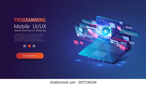 Programming and software development web page banner, program code on screen device. Software development coding process concept. Programming, testing cross platform code