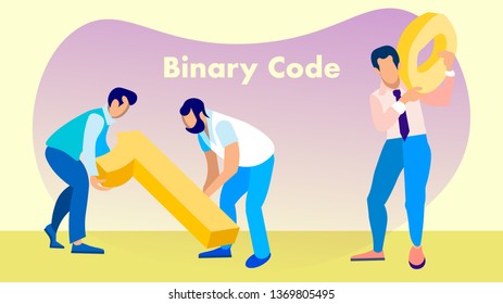 Programming, Software Engineering Vector Banner. Coworkers Carrying Binary Code Symbols Cartoon Characters. Web Development Process Metaphor. Developers Teamwork Flat Illustration with Typography
