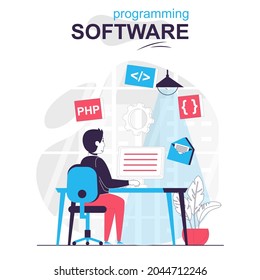Programming software isolated cartoon concept. Developer programs in php language at computer people scene in flat design. Vector illustration for blogging, website, mobile app, promotional materials.