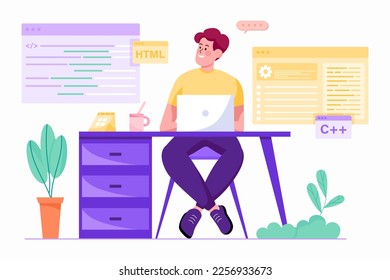 Programming software purple concept with people scene in the flat cartoon design. Programmer work on creating a new software for clients. Vector illustration.