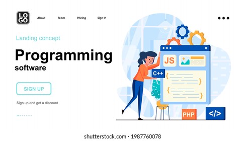 Programming software web concept. Woman develops layout of program, creates application interface. Template of people scene. Vector illustration with character activities in flat design for website