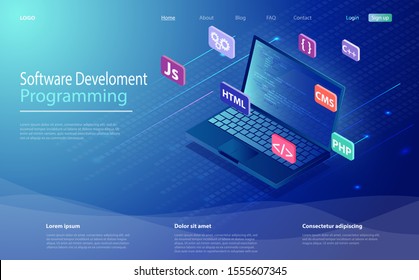 Programación, software, concepto de desarrollo web icono isométrico, portátil con código de programa en pantalla. Lenguaje de programación y código de programa en el portátil de pantalla. Concepto de página de inicio.