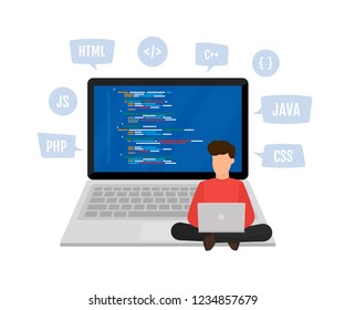 Programming and software, website and application development. Young programmer coding a new project sitting om big laptop. Flat vector illustration isolated on white background.