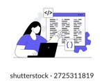 Programming software. Woman works at computer and writes code, creates and optimizes pages and programs. Flat Cartoon Vector Illustration, icon Stylish abstract design landing page web