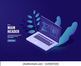 Programming software, workplace office, laptop with houseplant, web development website and applications, server room database isometric vector dark neon