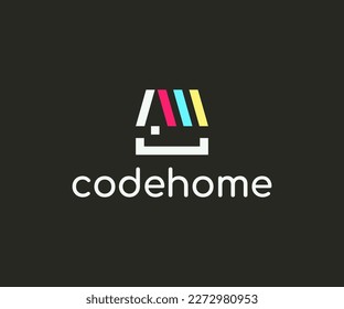 Programming source code and house graphic design. Software developer and home with roof logo design. Computer script vector design