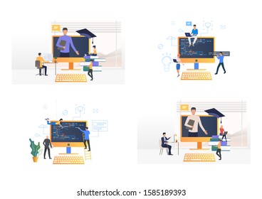 Programming studying set. Students writing application codes on computer. Flat vector illustrations. Software, education concept for banner, website design or landing web page