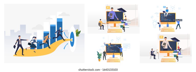 Programming studying set. Students writing application codes on computer. Flat vector illustrations. Software, education concept for banner, website design or landing web page