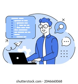 IT Programming, Support. Concept of script coding. Programming language. Programmer working on web development on computer. Software developers. Workplace of the programmer. Flat vector illustration