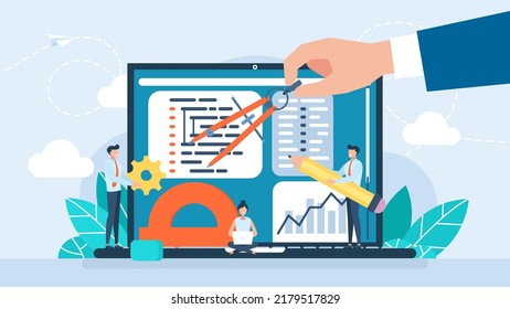 IT Programming Support. Concept of script coding. Programming language. Tiny characters working on web development on laptop. Software developers. Workplace of the programmer. Flat vector illustration