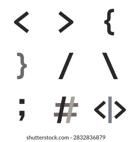 Programming syntax and coding symbol icons.
