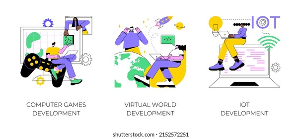 Conjunto de ilustraciones vectoriales de concepto abstracto del equipo de programación. Juegos de computadoras, mundo virtual y desarrollo de IoT, diseño gráfico VR, pruebas e implementación, Internet de cosas metáforas abstractas.