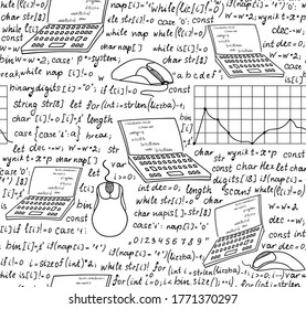 Programming technical vector pattern with progamming code, technical devices and laptops, handwritten on grid copybook paper