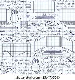 Programming technical vector seamless pattern with code, program flow diagrams, formulas, technical devices and schemes, handwritten on grid copybook paper