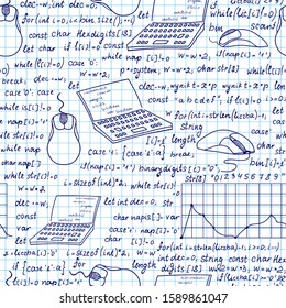 Programming technical vector seamless pattern with progamming code, technical devices and laptops, handwritten on grid copybook paper